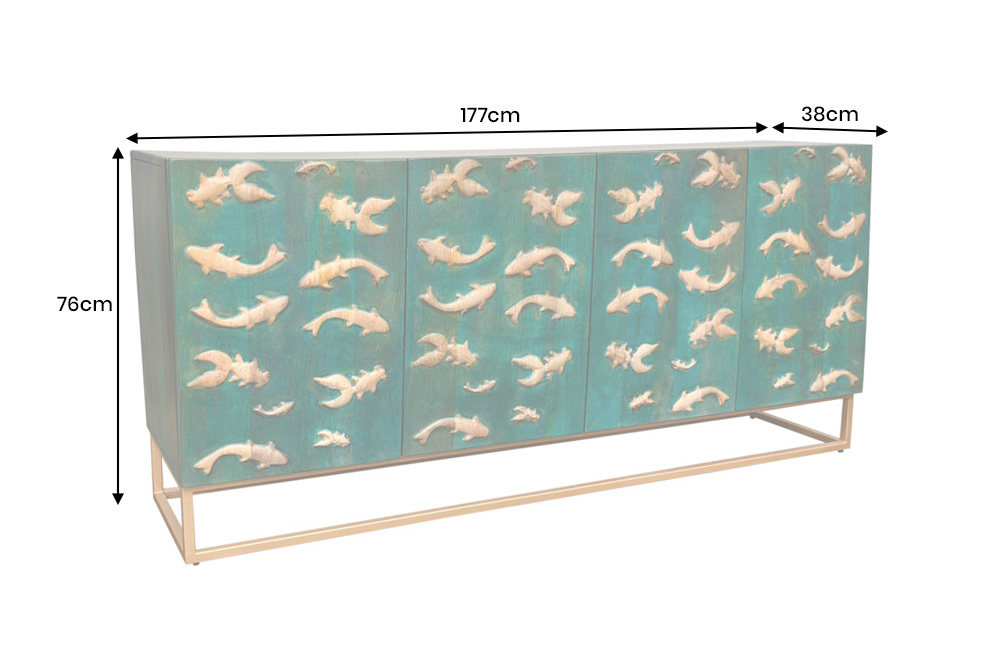 Massives Sideboard GOLDEN LAGOON 180cm türkis gold Mangoholz Metall 3D-Front