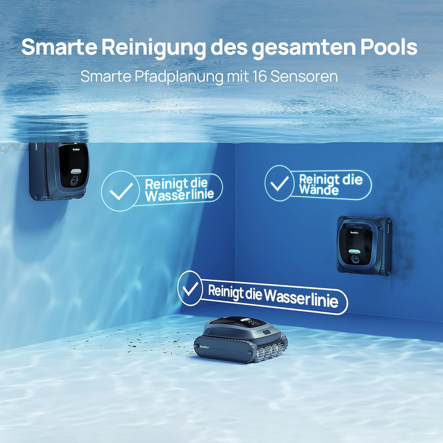 Beatbot AquaSense 2 Poolroboter, Akku Poolsauger mit Oberflächen-Parkfunktion, Poolreiniger Boden und Wand, Doppelte Reinigung der Wasserlinie, für Pools bis zu 300 m²