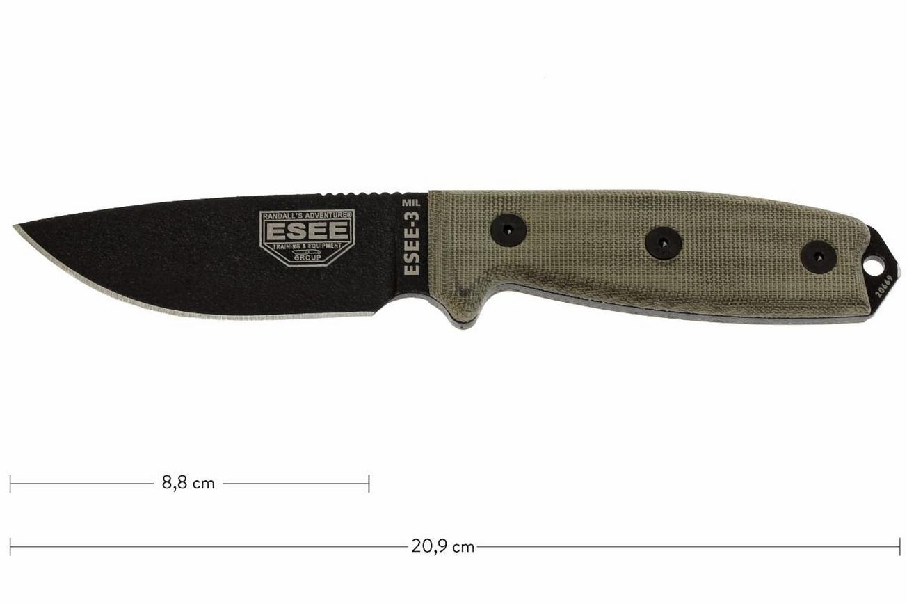 ESEE Model 3 survivalmes 3MIL-P-B zwarte schede   riemclip en MOLLE-back