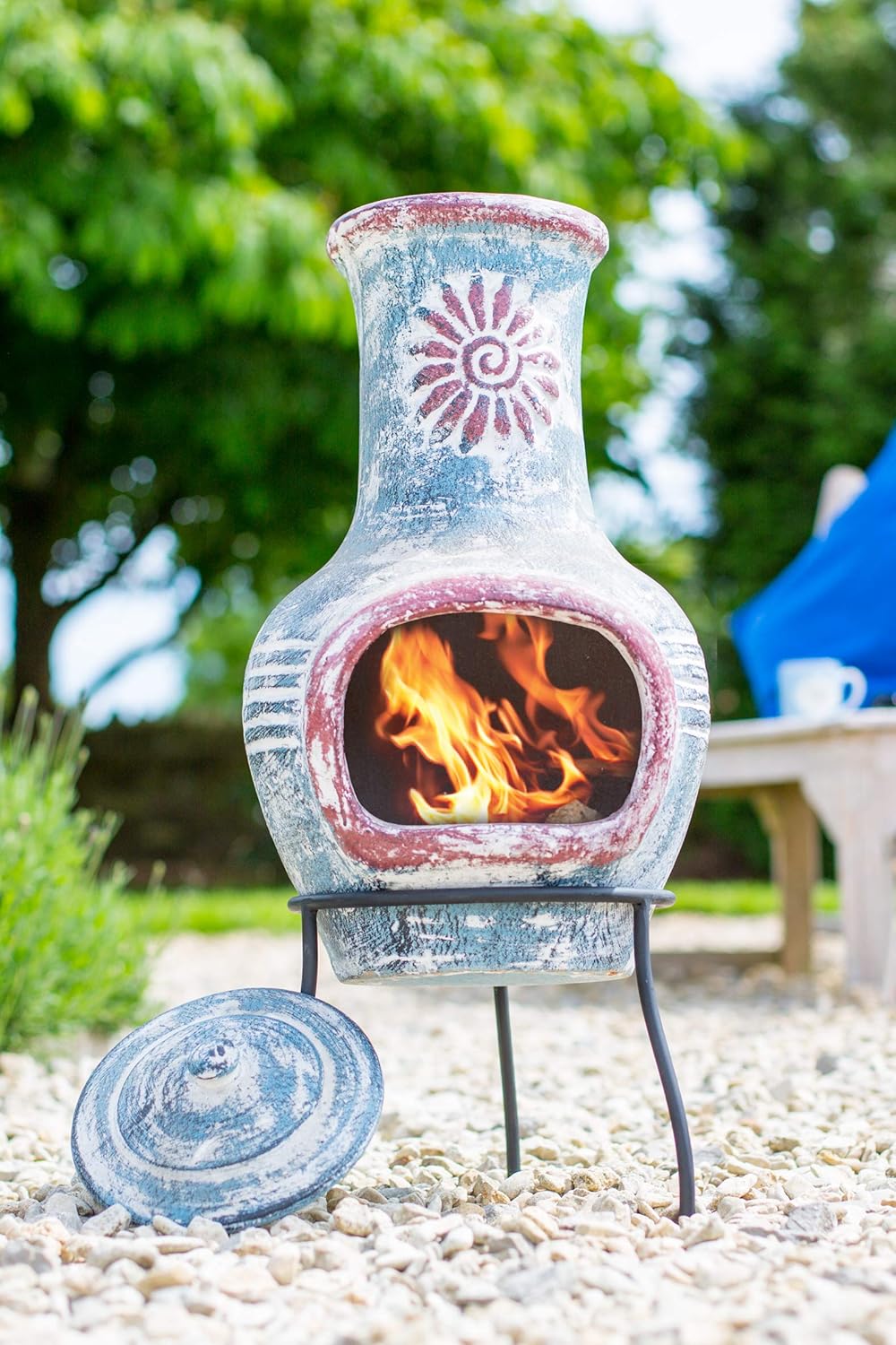 La Hacienda 67034 Swirl Clay Chimenea - Patio Heater - Handmade - Traditional - Log Burner - Sea Blue & Red with Protective Rain Lid and Solid Metal Stand,Medium