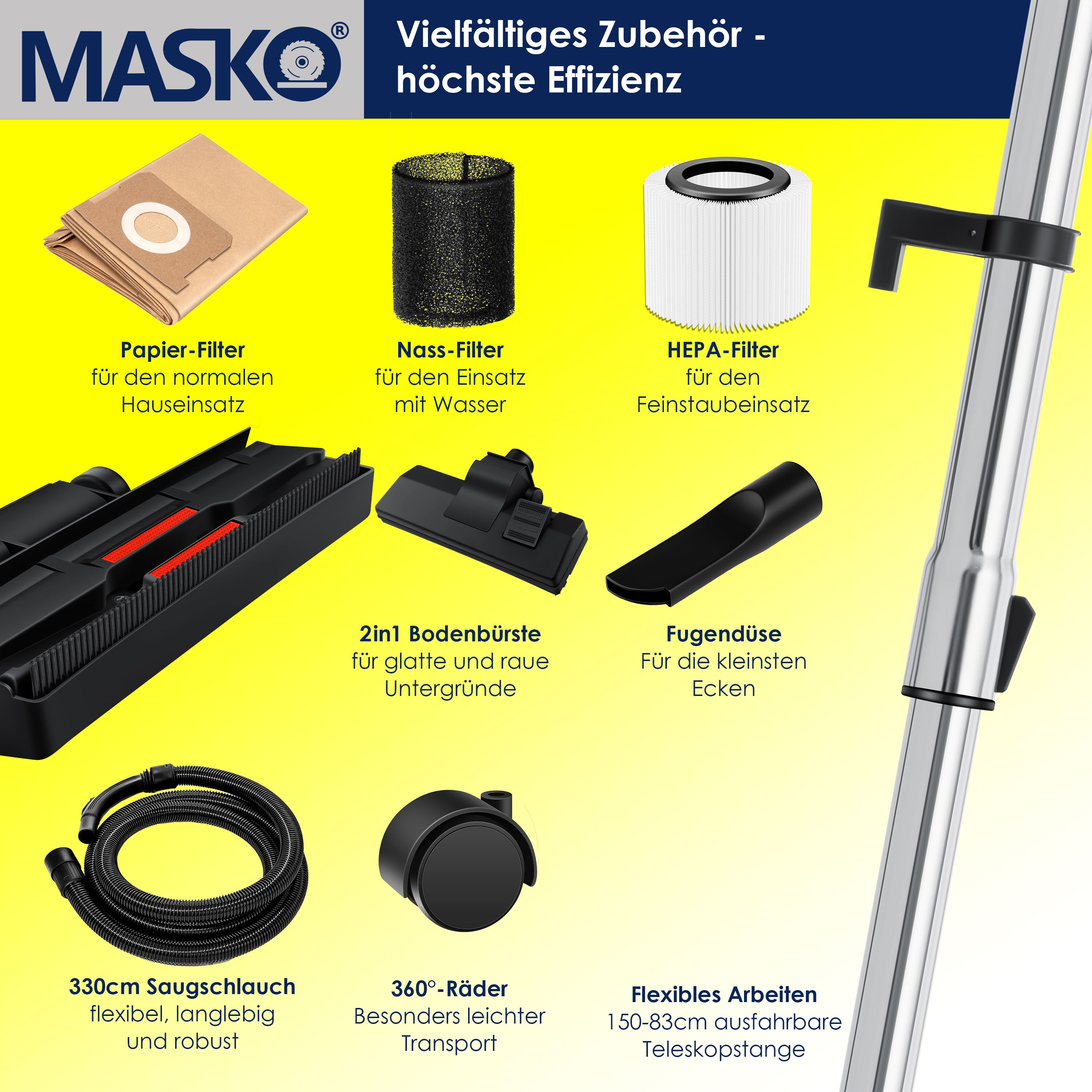 MASKO® Industriestaubsauger Staubsauger Nass Trocken Sauger Edelstahl 2300W + Steckdose | Blasfunktion | Trocken-Saugen & Nass-Saugen | Push&Clean | Industrie-Sauger mit & ohne Beutel | beutellos