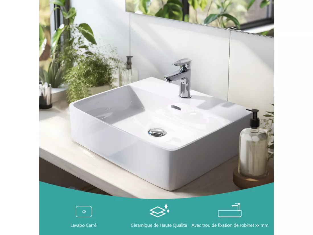 EMKE Vasque à Poser en céramique 41,5×42,5×12,5cm, Lavabo rectangulaire avec robinet trou prépercé, Lavabo à poser blanc brillant