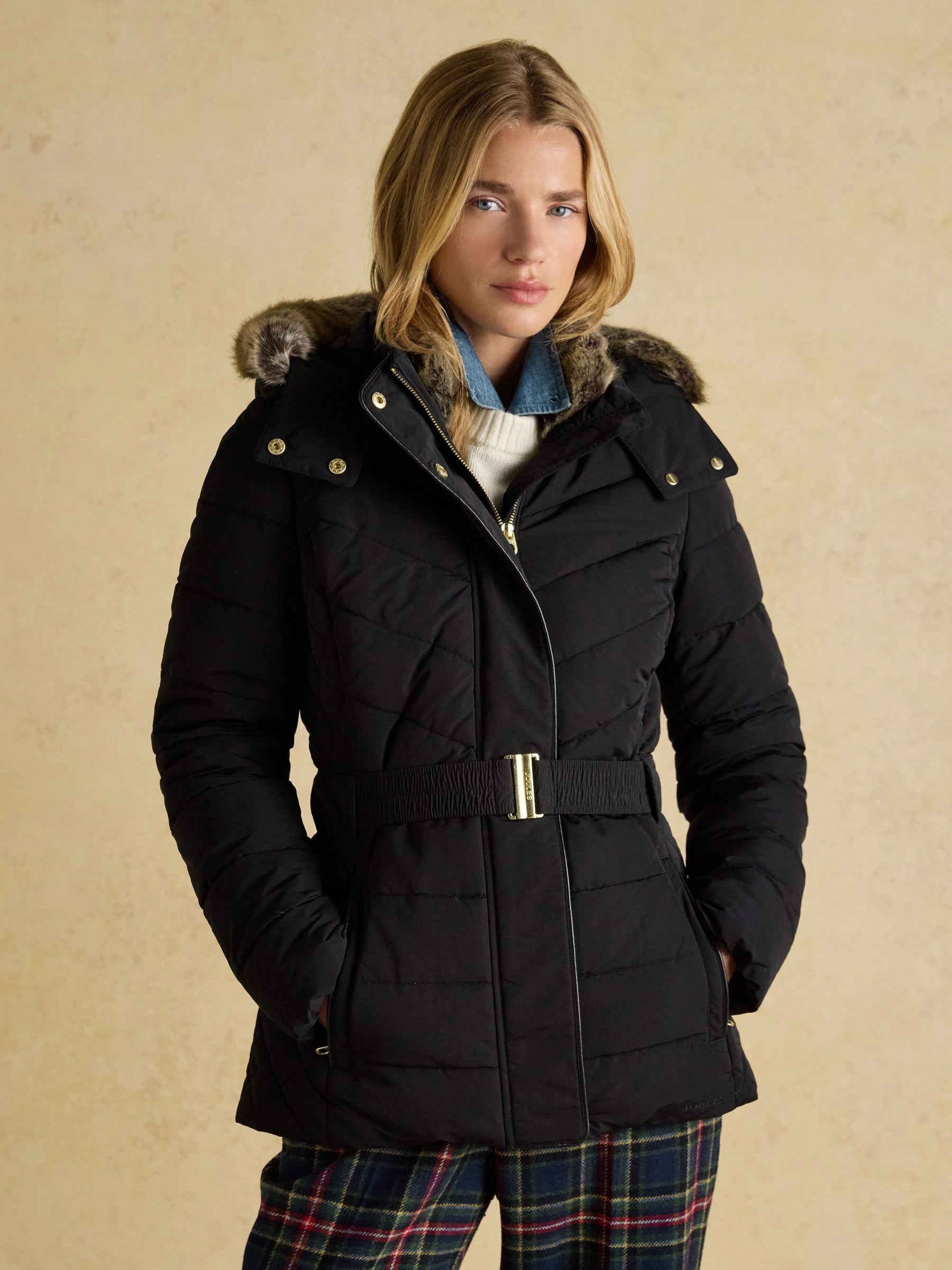 Zwart - Joules Aspen Showerproof Padded Coat with Faux Fur Hood