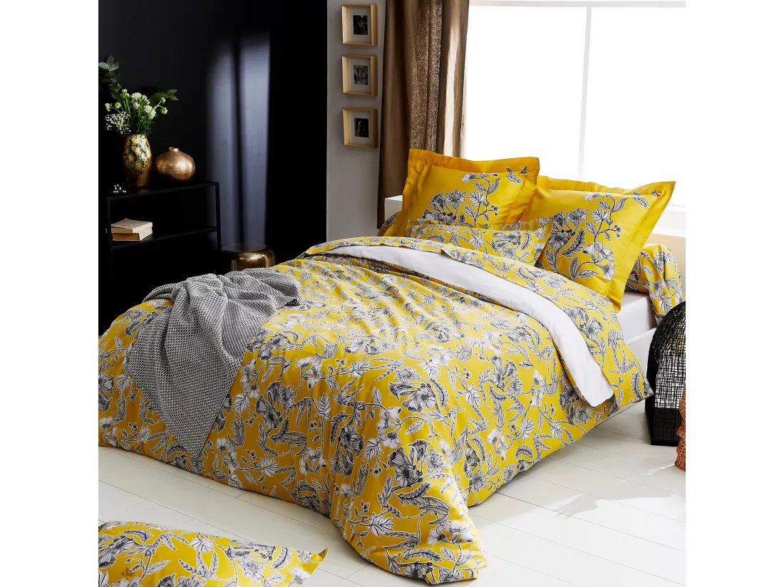 Housse de couette 140x200 cm satin de coton BOTANIC jaune soleil