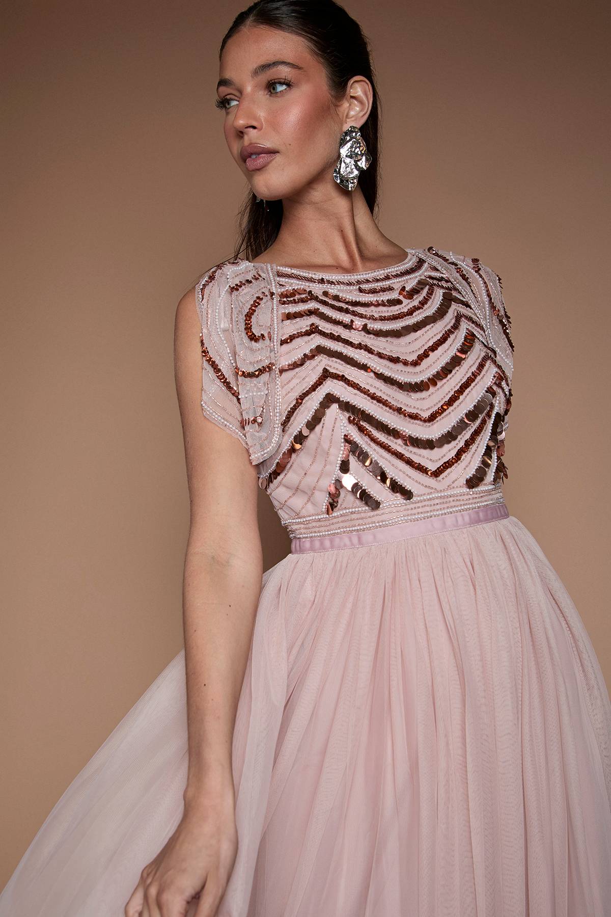 Coast Robe De Demoiselle D'honneur Midi À Paillettes Avec Manches Drapées