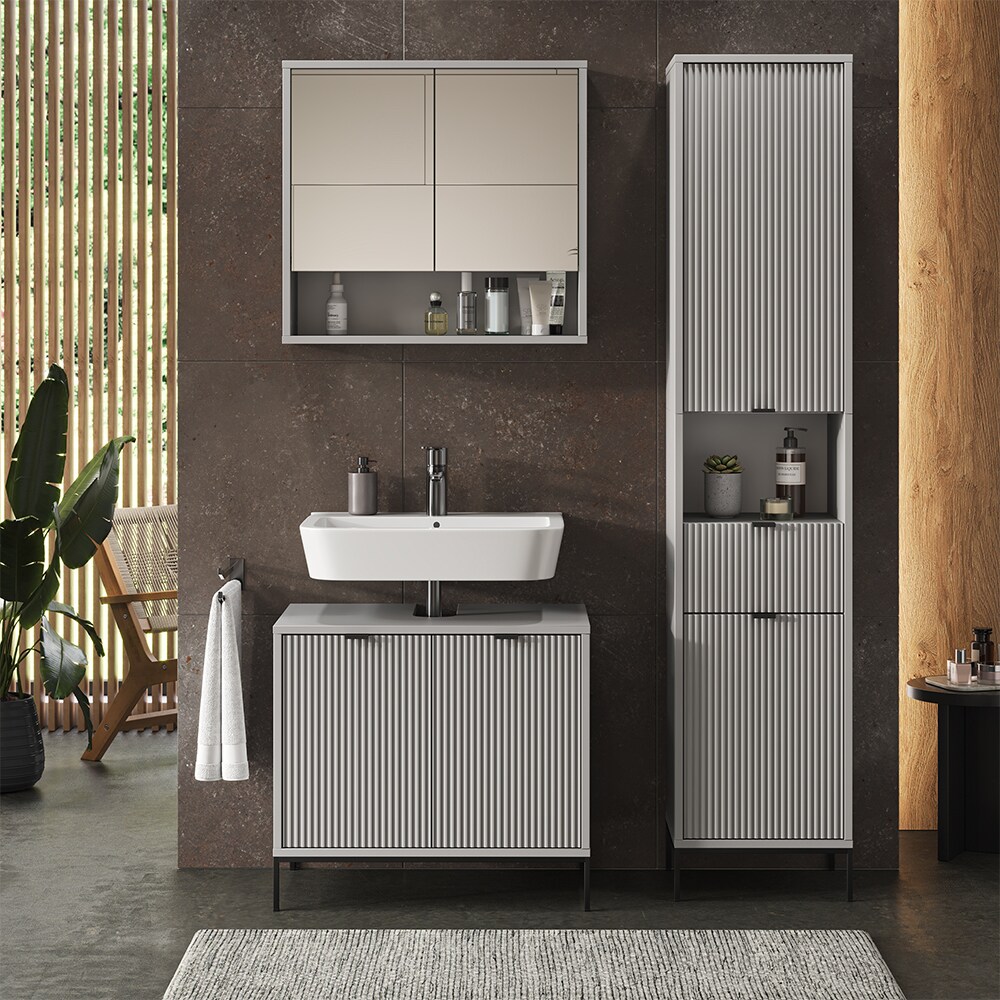Vicco Badmöbel-Set Eliza, Grau, Badezimmer, moderne Badserie, extravagante Fronten, Waschtischunterschrank, Spiegelschrank, Hochschrank