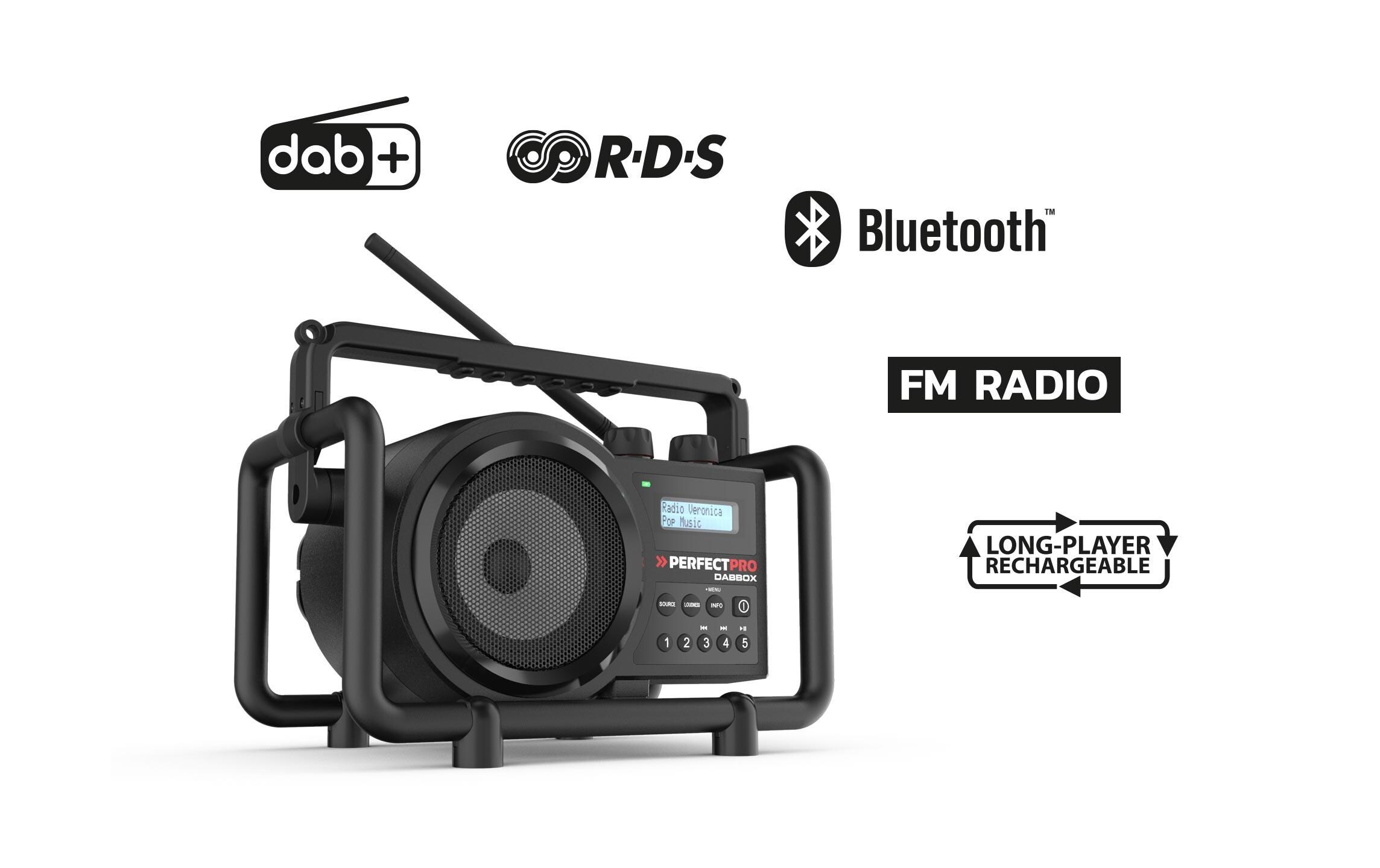 Baustellenradio DABBOX Schwarz<br>Der Klassiker: Warmer Klang aus einem extra grossen 5-Zoll-Lautsprecher, verfügt über modernste Technik