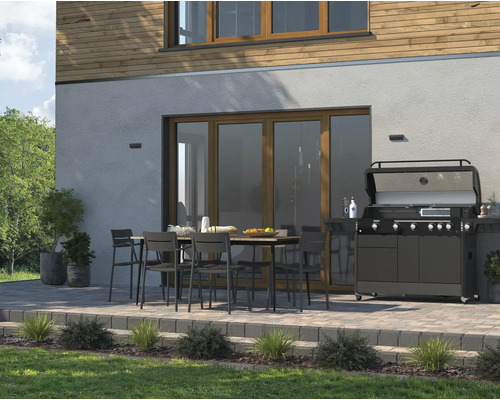 Tenneker® Halo TG-5 U Gasgrill 204,6 x 65,6 x 117 cm 5-pits + zijbrander en achterbrander, gietijzeren rooster, platformsysteem, glazen inzetstuk in het deksel