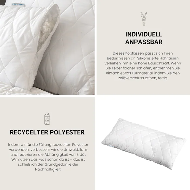 Schiesser Kopfkissen »Hygge mit recycelter Füllung und individueller Höhenanpassung« Füllung: hypoallergeneFaserfuellung Spar-Set, 1 Stk. tlg. für Allergiker geeignet