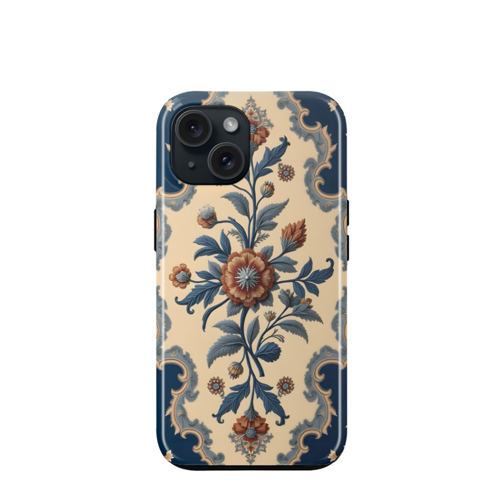 iPhone 15 Hybrid (Kunststoff / Gummi) Hülle Barocker Blütenzauber - Blau