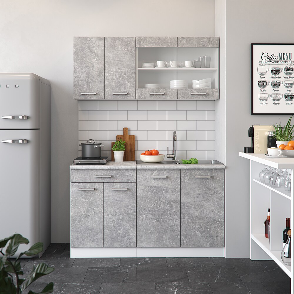 VICCO Küchenzeile SINGLE Einbauküche 140 cm Küche Beton R-LINE