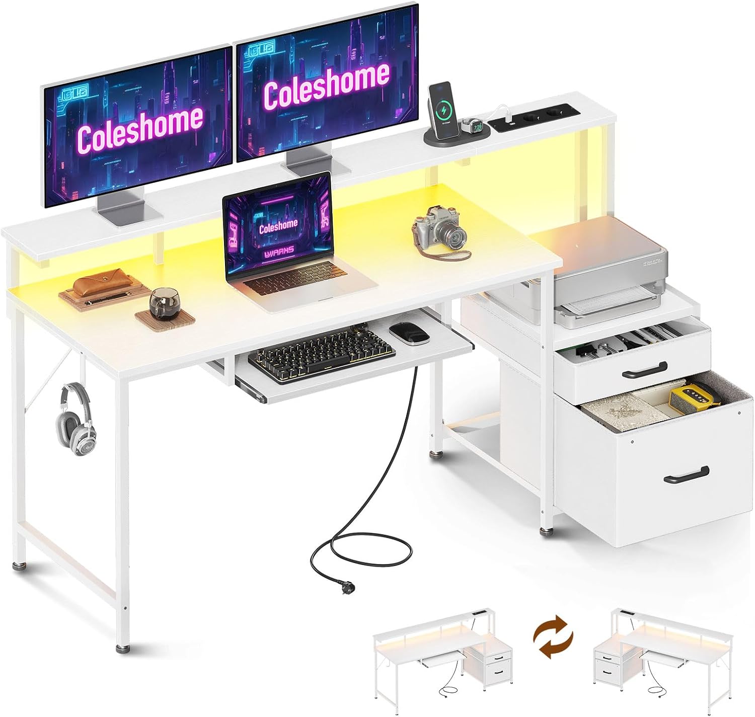 Coleshome Gaming Tisch mit LED, 140x48cm Schreibtisch mit Stoff Schubladen Computertisch mit 2 Steckdosen&2 USB Anschlüssen, Gaming Schreibtisch mit Monitorständer für Home Office,