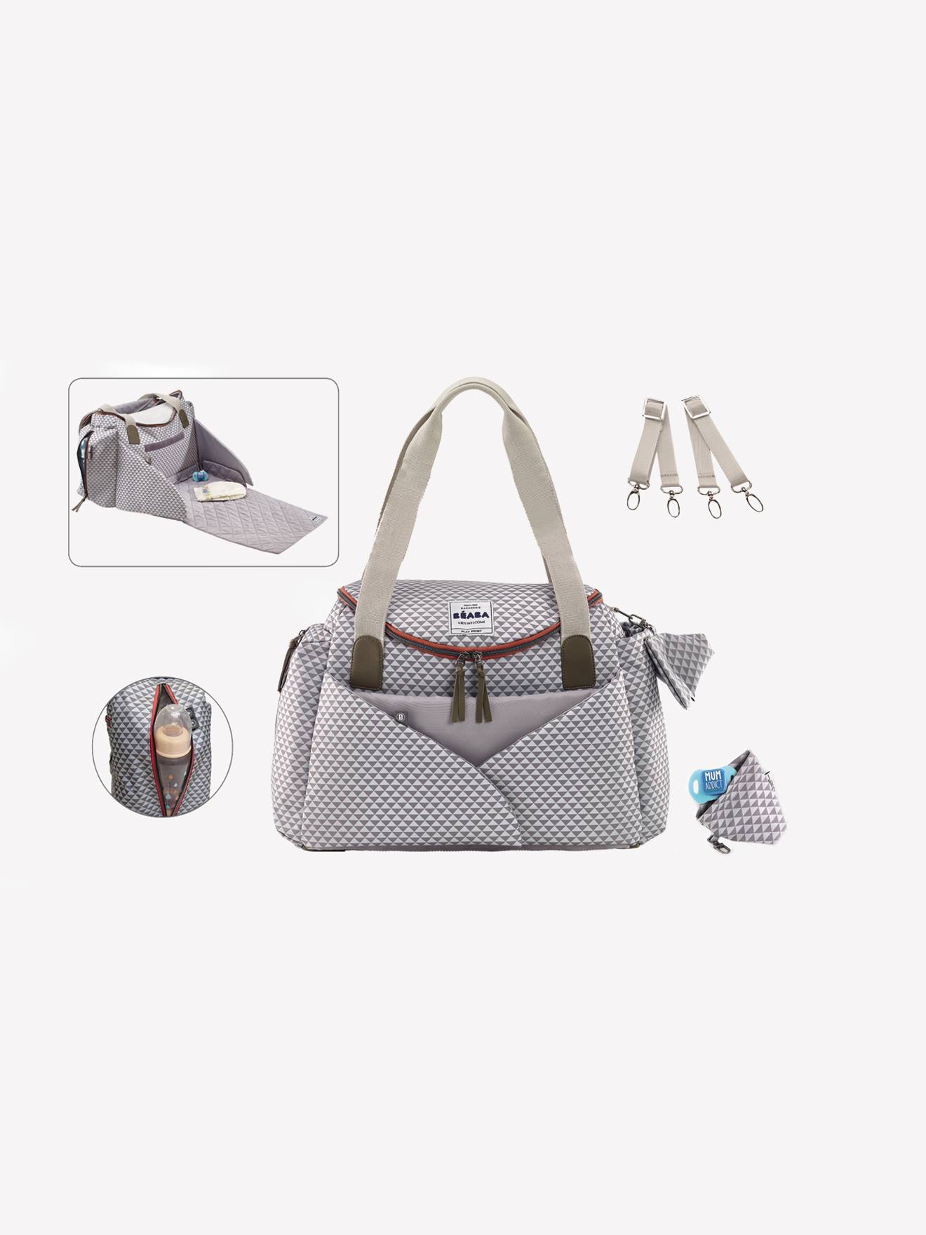 Bolsa de maternidade Sydney II BEABA, cinza claro com estampa.