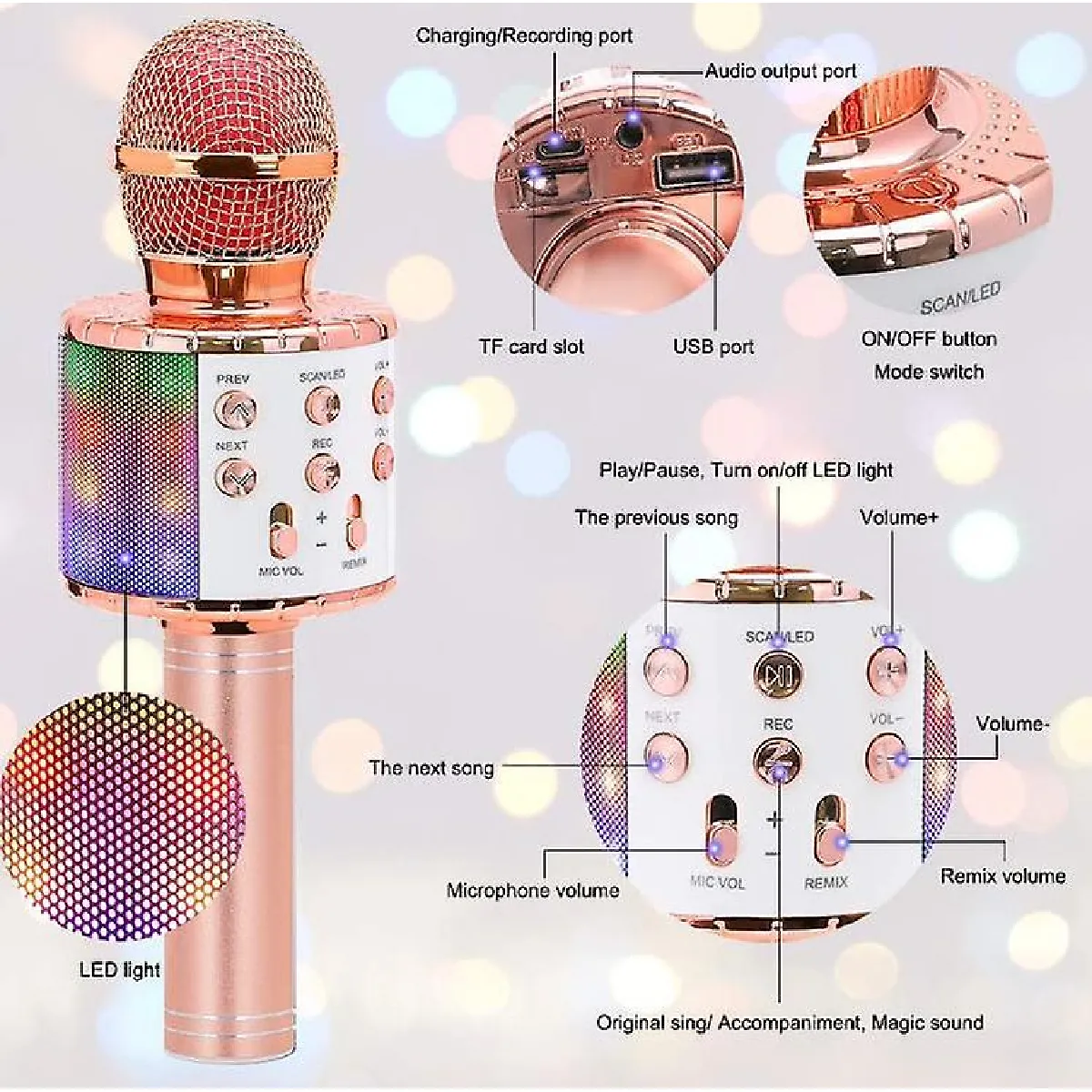 Microphone LED Bluetooth Universal (Doré)