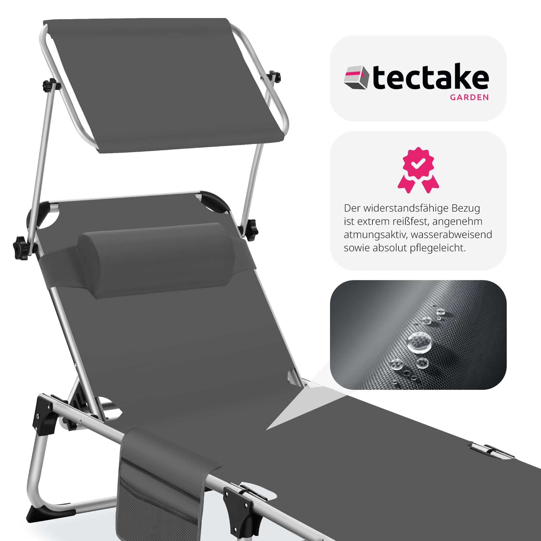 tectake® Sonnenliege, klappbar, mit Kopfkissen, 6-fach verstellbare Rückenlehne, 218 x 60 x 33,5 cm, inkl. Seitentasche