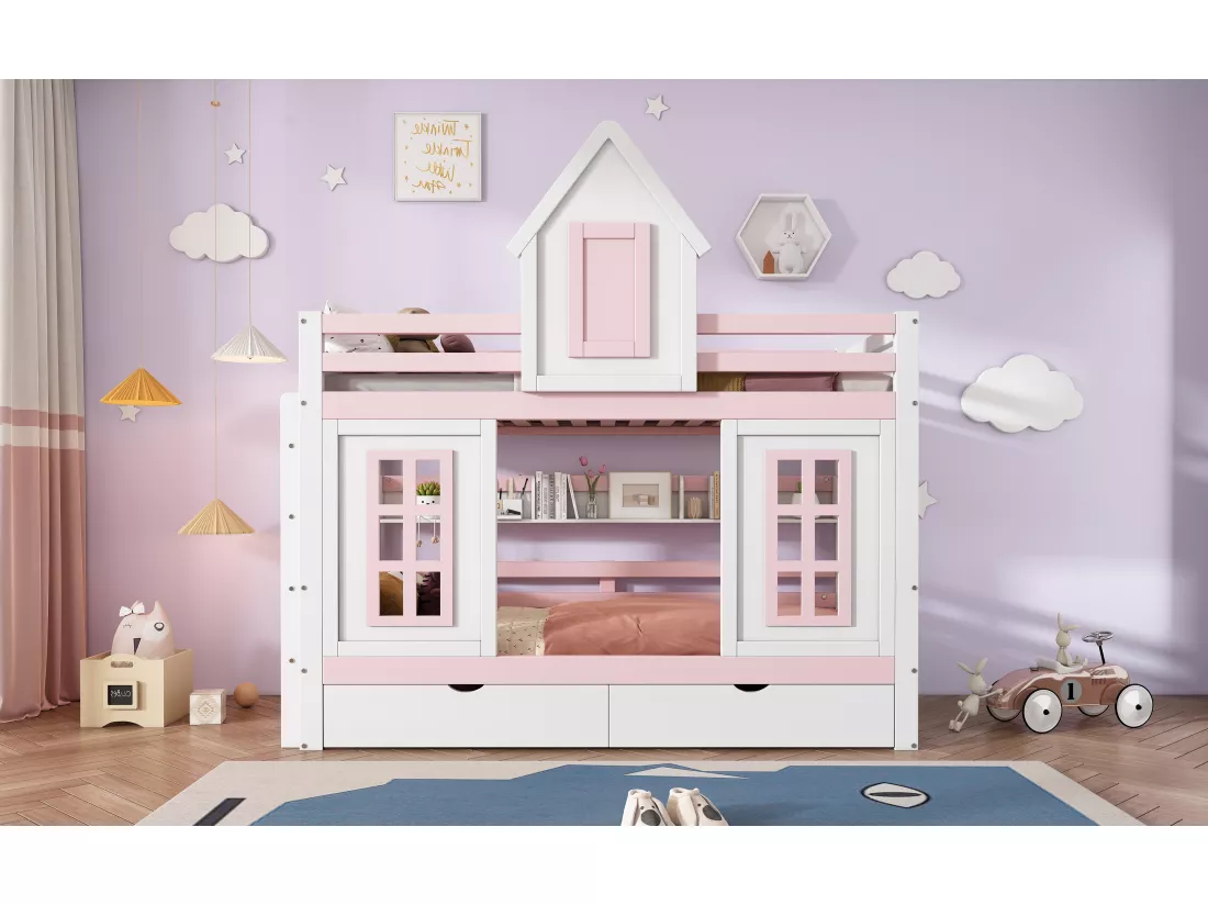 Lits superposés 2 x 90 x 200 cm avec 2 tiroirs, fenêtres et barrières de sécurité - pin + MDF - blanc + rose (sans matelas)