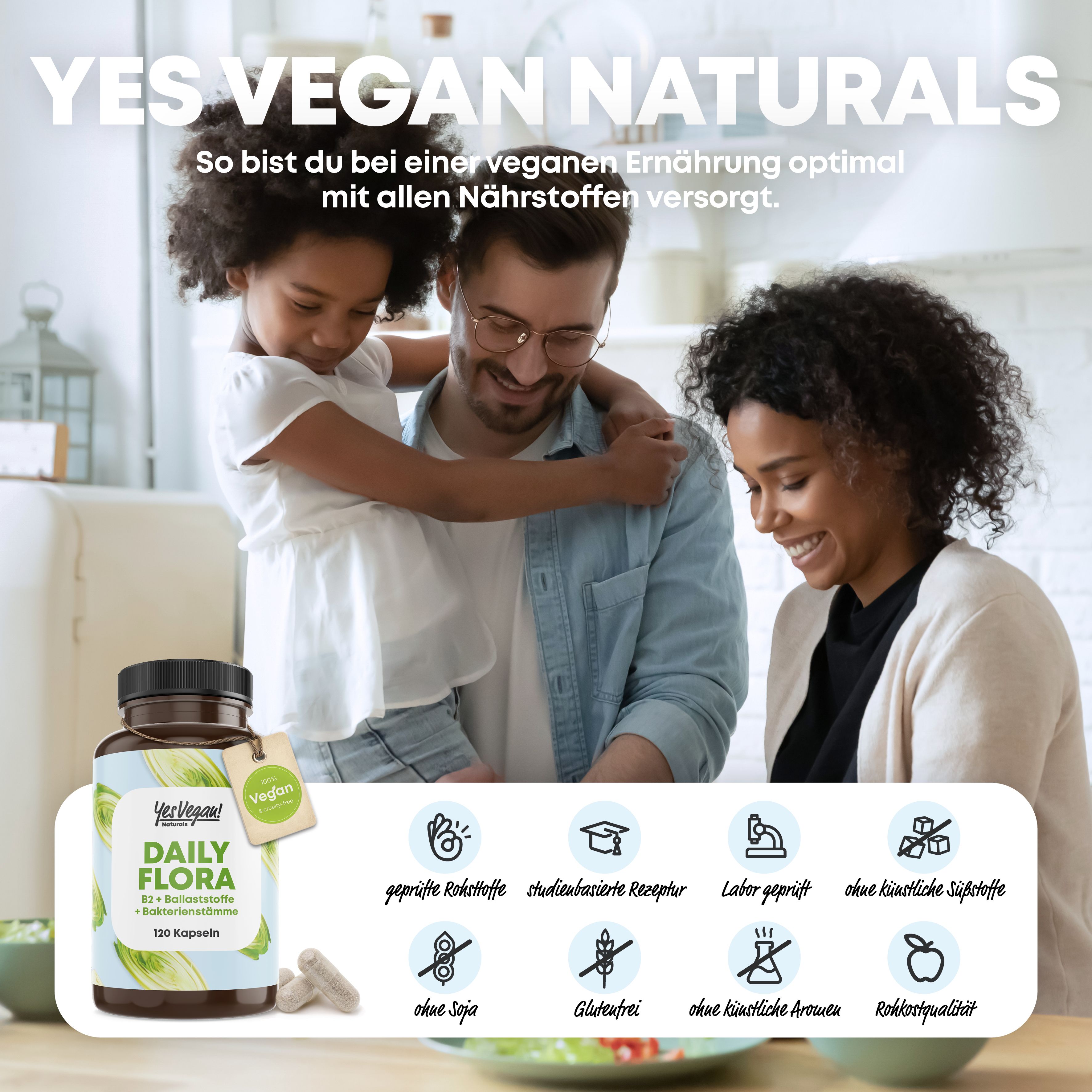 Yes Vegan® Daily Flora (120 Kapseln) Kulturen Komplex mit B2 - 7 Bakterienstämme PREMIUM