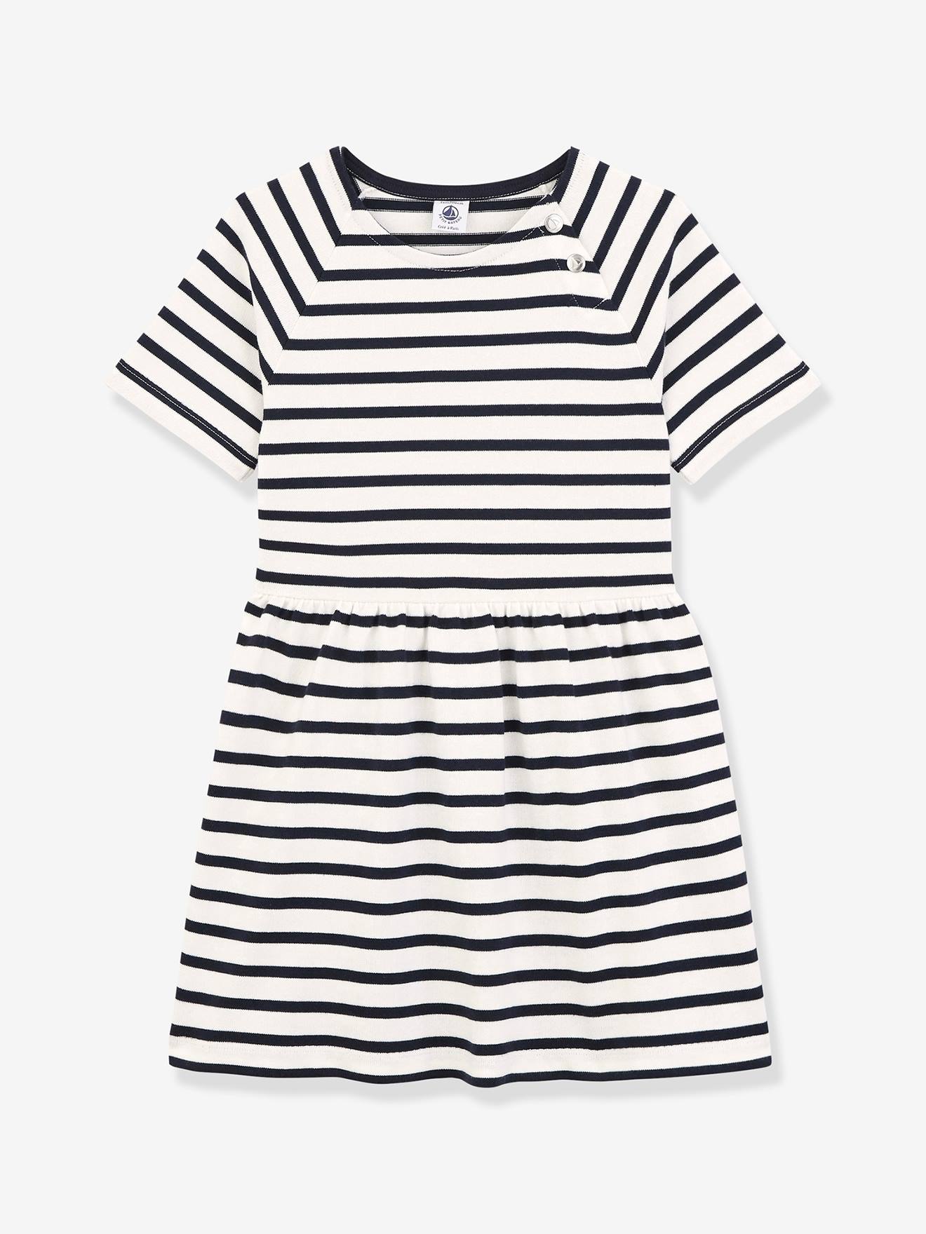 Vestido PETIT BATEAU de algodão listrado azul escuro com mangas curtas