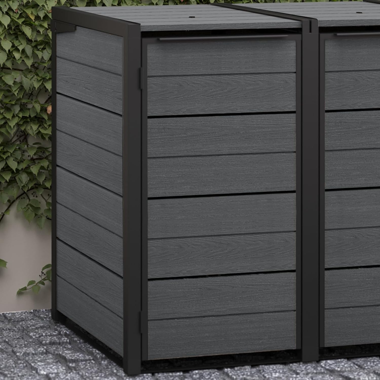 Koll Living Mülltonnenbox Hide Away | 480 Liter, flexibel erweiterbar | Stahlrahmen | mit Gasdruckfedern | Anthrazit | naturgetreue Holzoptik | wetterfest & wartungsfrei | belüftet