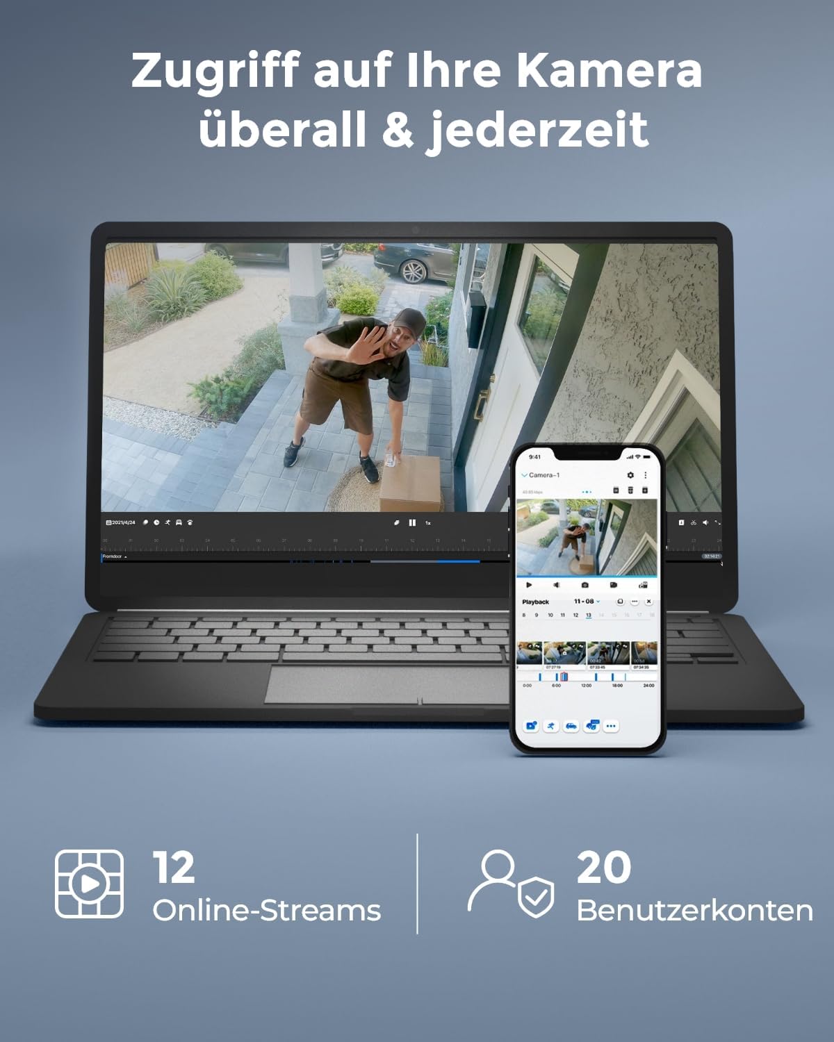 Reolink 4K 12CH WLAN NVR mit Wi-Fi 6, Integrierte 2TB HDD, 2,4/5GHz WiFi, Für Reolink WLAN-&Akku-Kameras(außer 4G Kameras), Keine PoE-Ports, Überwachungssystem, 24/7 Aufzeichnung, RLN12W(Schwarz)