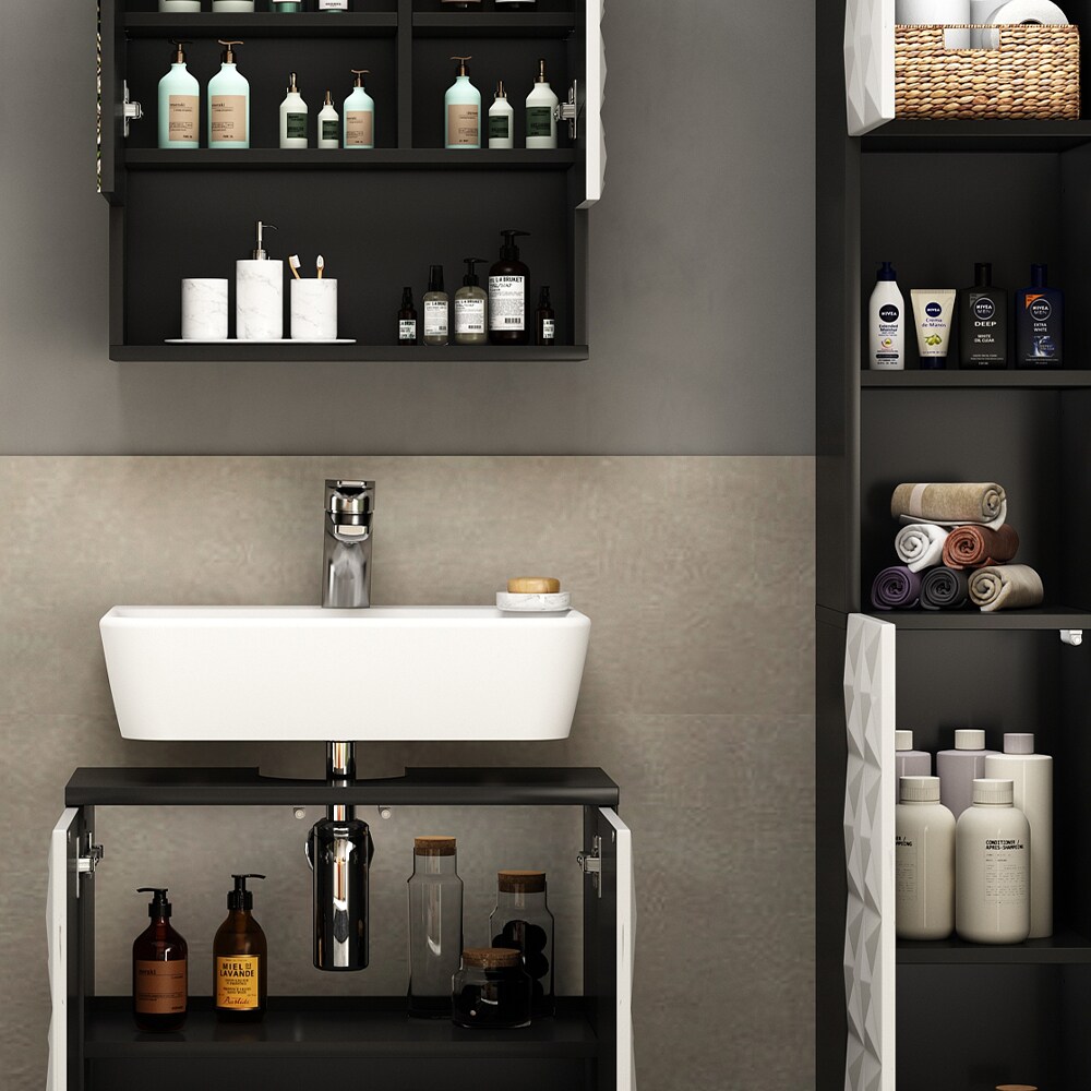 Vicco Badmöbel-Set Badezimmer-Möbel Bad-Schrank Edge Schwarz Weiß modern Badezimmerschrank Waschbeckenunterschrank Spiegelschrank Hochschrank Badezimmerkommode