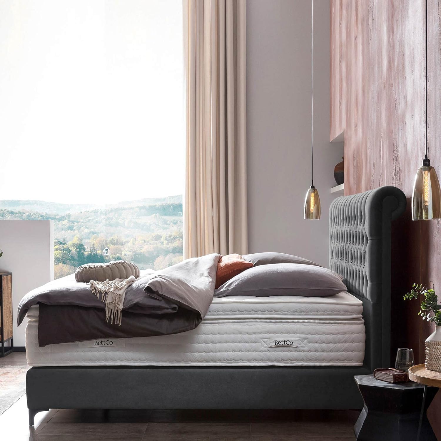 Premium Boxspringbett Chester 180x200 Velours, ohne Visco-Topper, Hotelbett, ohne Bettkasten, 7 Zonen Taschenfederkern-Matratze, Aufbau KOSTENLOS (Dunkelgrau, 180x200 cm ohne Topper)