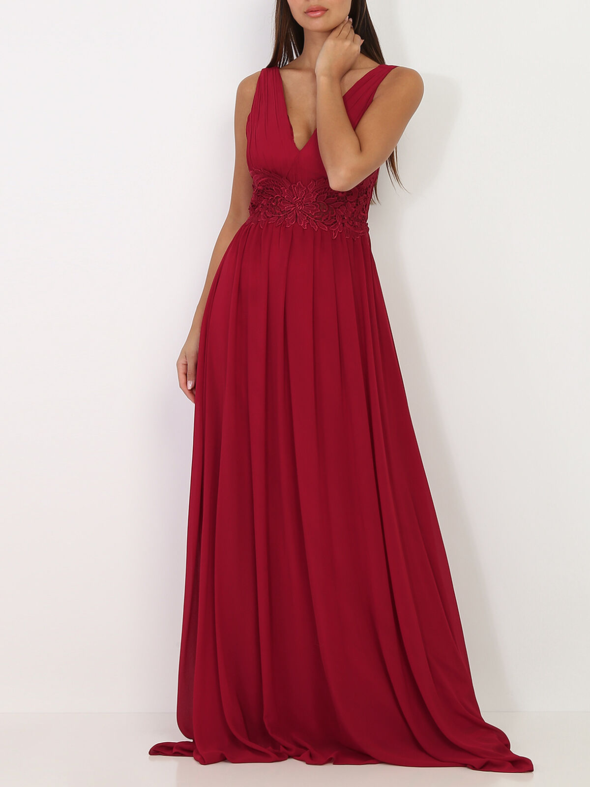 Robe longue à buste drapé et dentelle- Rouge foncé