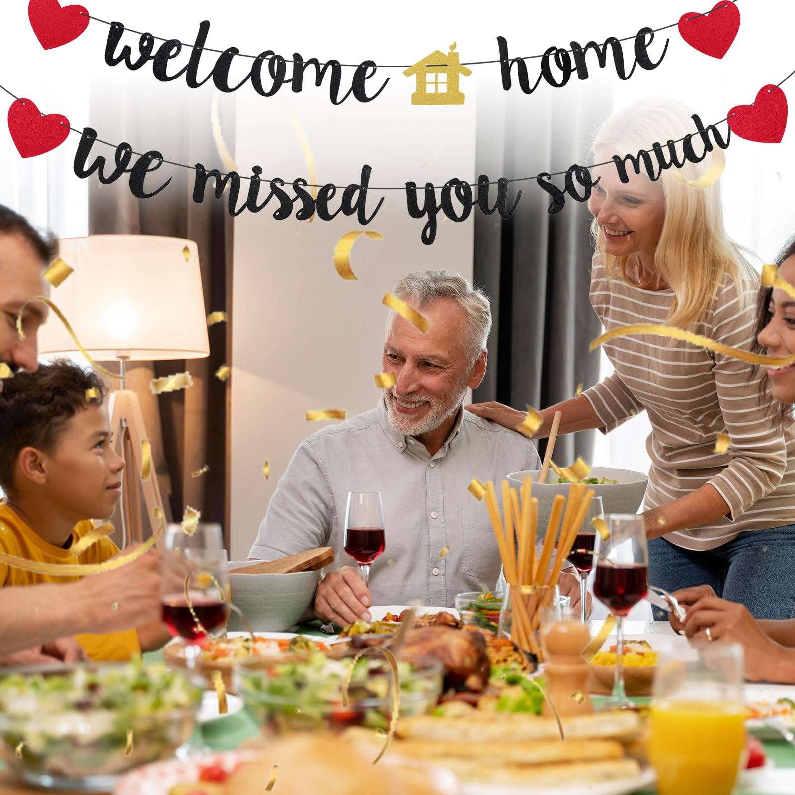 (2er Set) 150cm Welcome Home We Missed You So Much Girlande Glitzer Party Dekoration Accessoire Banner - Schwarz / Rot