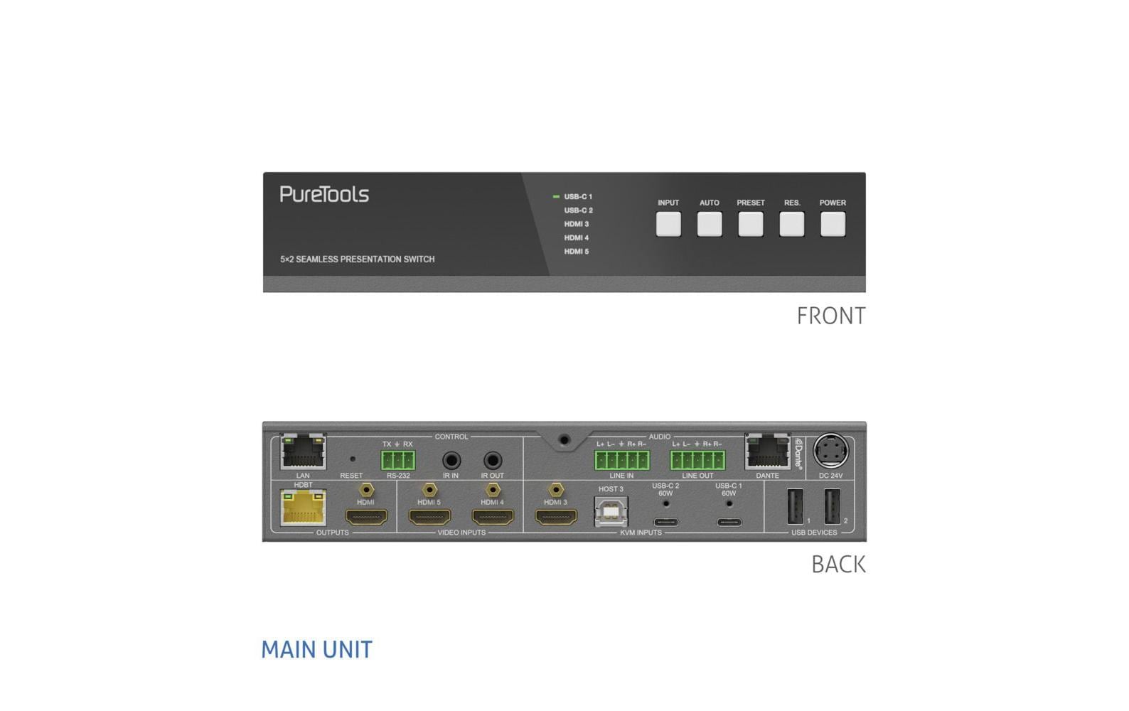 Switcher PT-PSW-52KVM 4K (60 Hz 4:4:4)<br>PureTools - 18 GBps USB-C KVM-Switcher mit Dante und Multiview, 4K (60 Hz 4:4:4) über USBC / HDMI+USB, inkl. Multiview und Dante