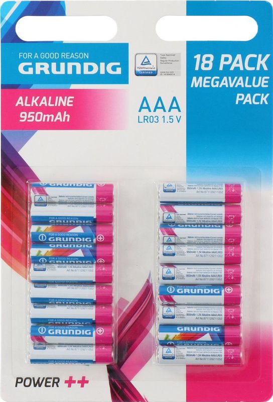 Grundig Alkaline Batterijen Power++ AAA/LR03 - 1.5V - 950mAh - 18 stuks