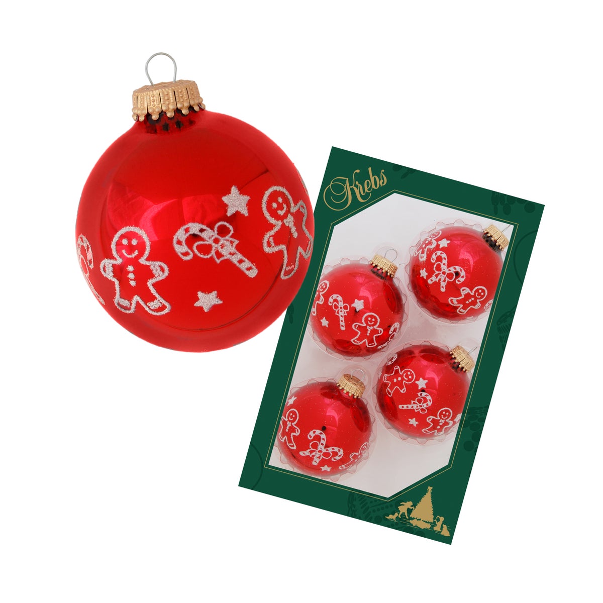 Kerstrode glazen kerstbal van 7 cm met witte lintdecoratie, bestrooid met peperkoek en zuurstokken, 4 stuks, kerstballen, kerstversieringen, kerstbomen