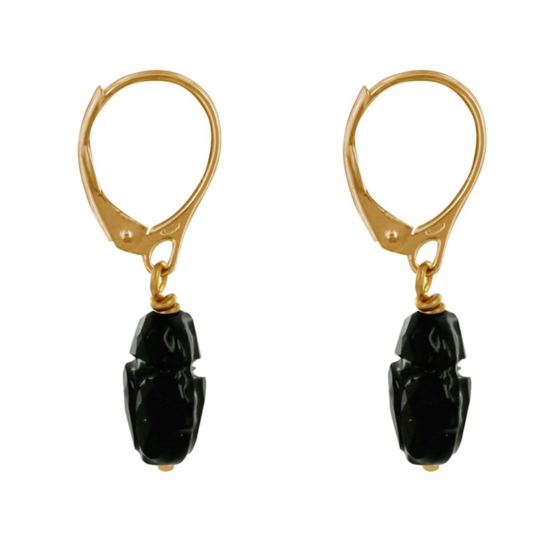 Boucles d'Oreilles Dormeuse Plaqué Or Scarabée en Cristal Noir