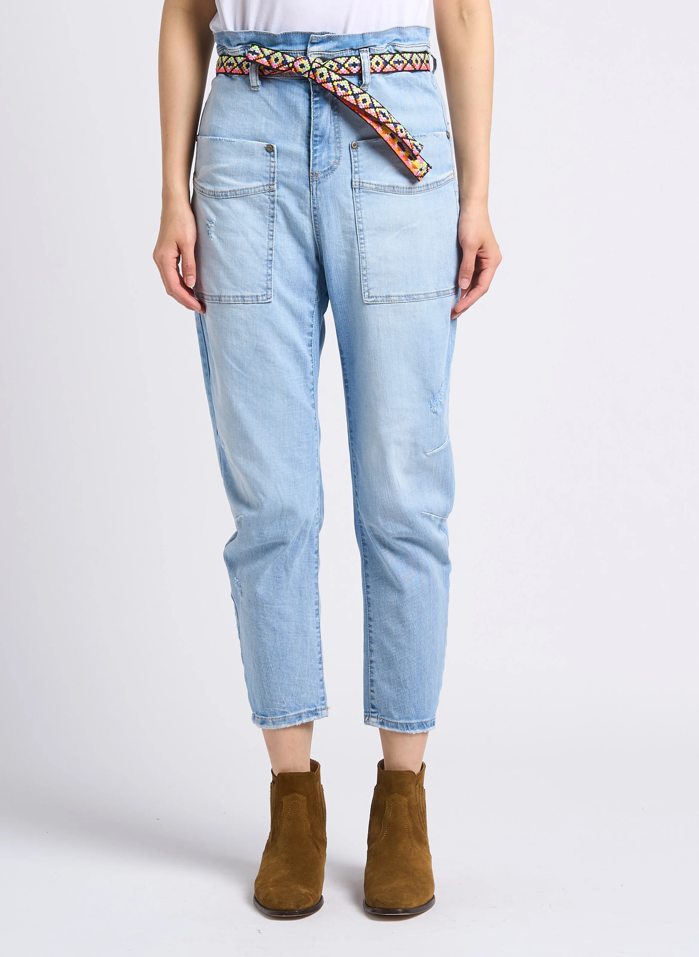 Jean droit taille haute en coton mélangé | Bleu