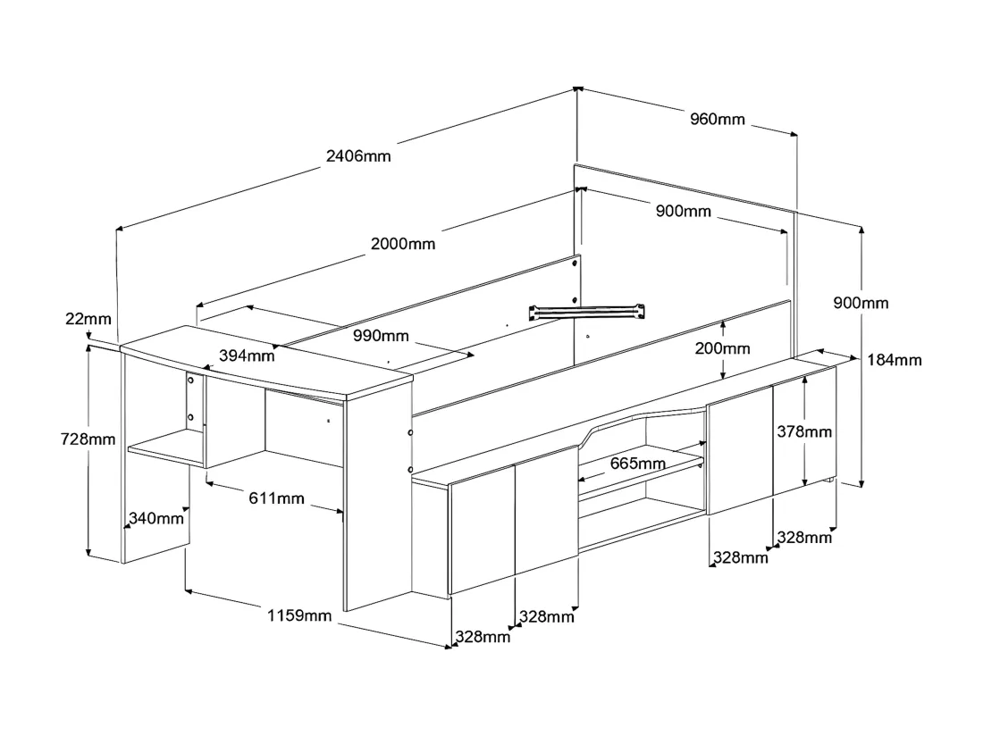 Lit combiné 90 x 190/200 cm avec bureau et rangements - Blanc et naturel + Sommier + Matelas - JOCHIANE