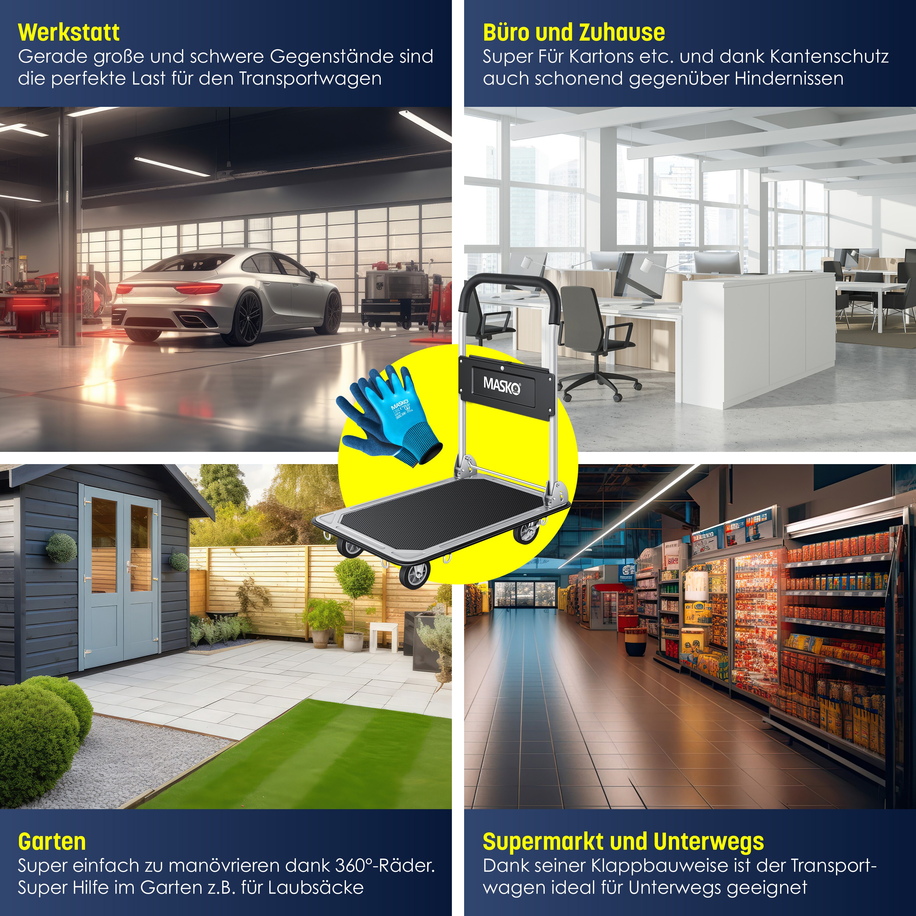 MASKO® Plattformwagen Transportwagen Lagerwagen Klappbar Inkl. Arbeitshandschuhe | Feststellbremse Transporthilfe | Mit 6 Sicherungsösen | 360° Lenkrollen | Paketwagen Klappwagen