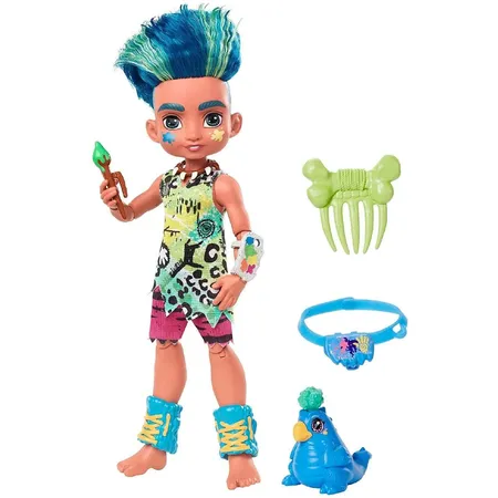 Mattel Cave Club Slate Puppe, prähistorische Modepuppe mit Haus-Dinosaurier