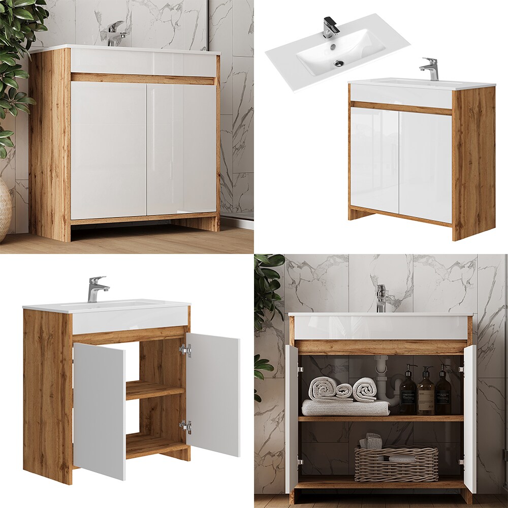 Vicco Waschbecken mit Unterschrank Lemgo Eiche Weiß 80 cm
