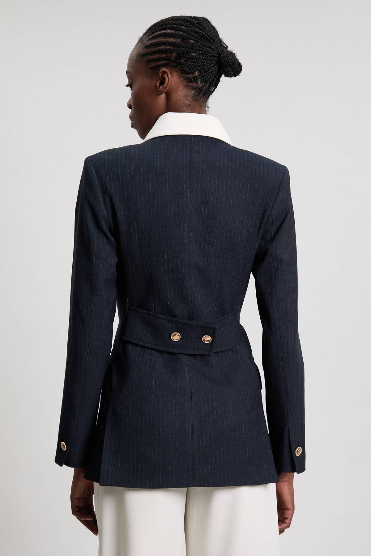 KarenMillen Veste Cintrée À Rayures Tennis Col Montant Simple Boutonnage