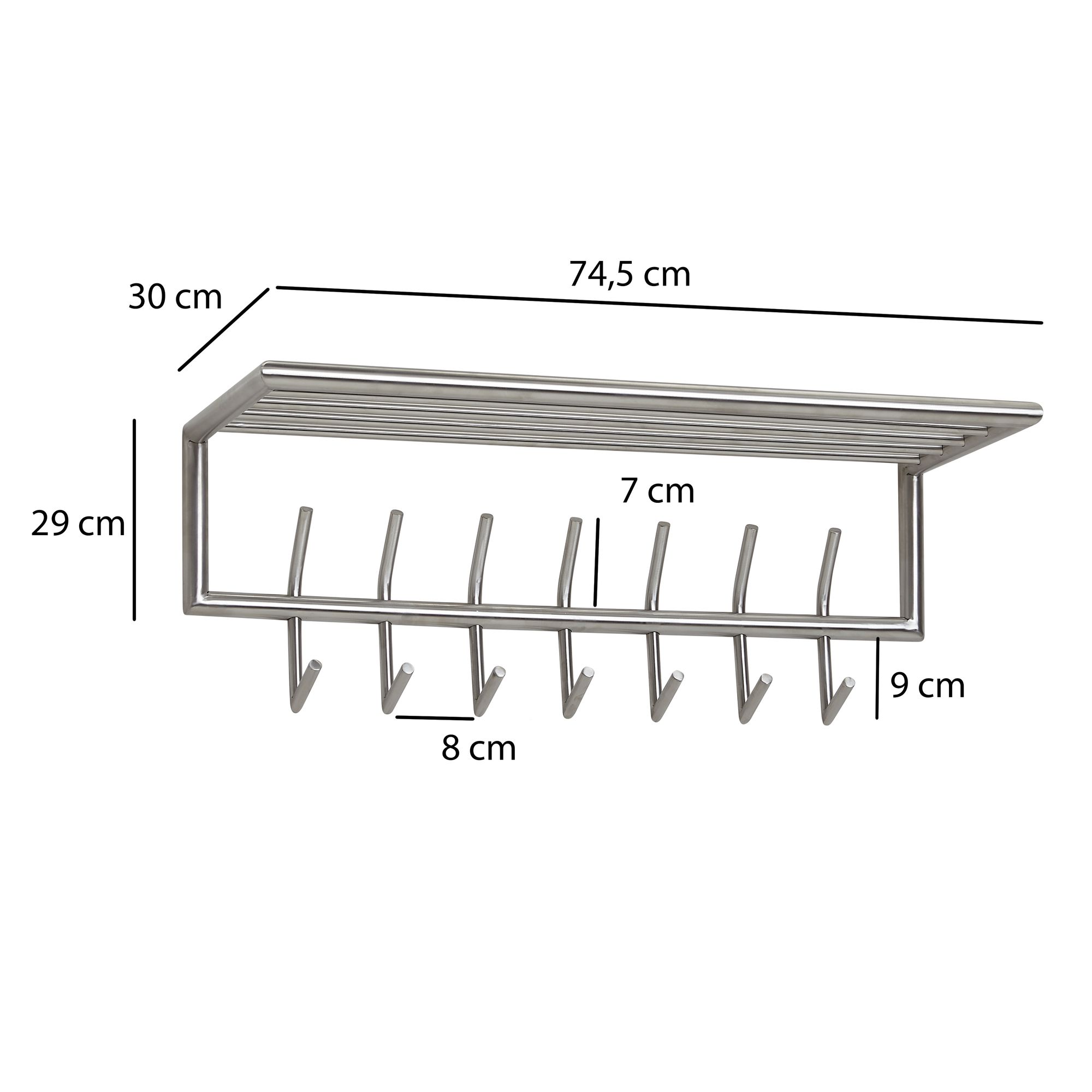 Wandgarderobe FineBuy Garderobe Metall 74,5cm Silber Flur Hakenleiste mit Ablage