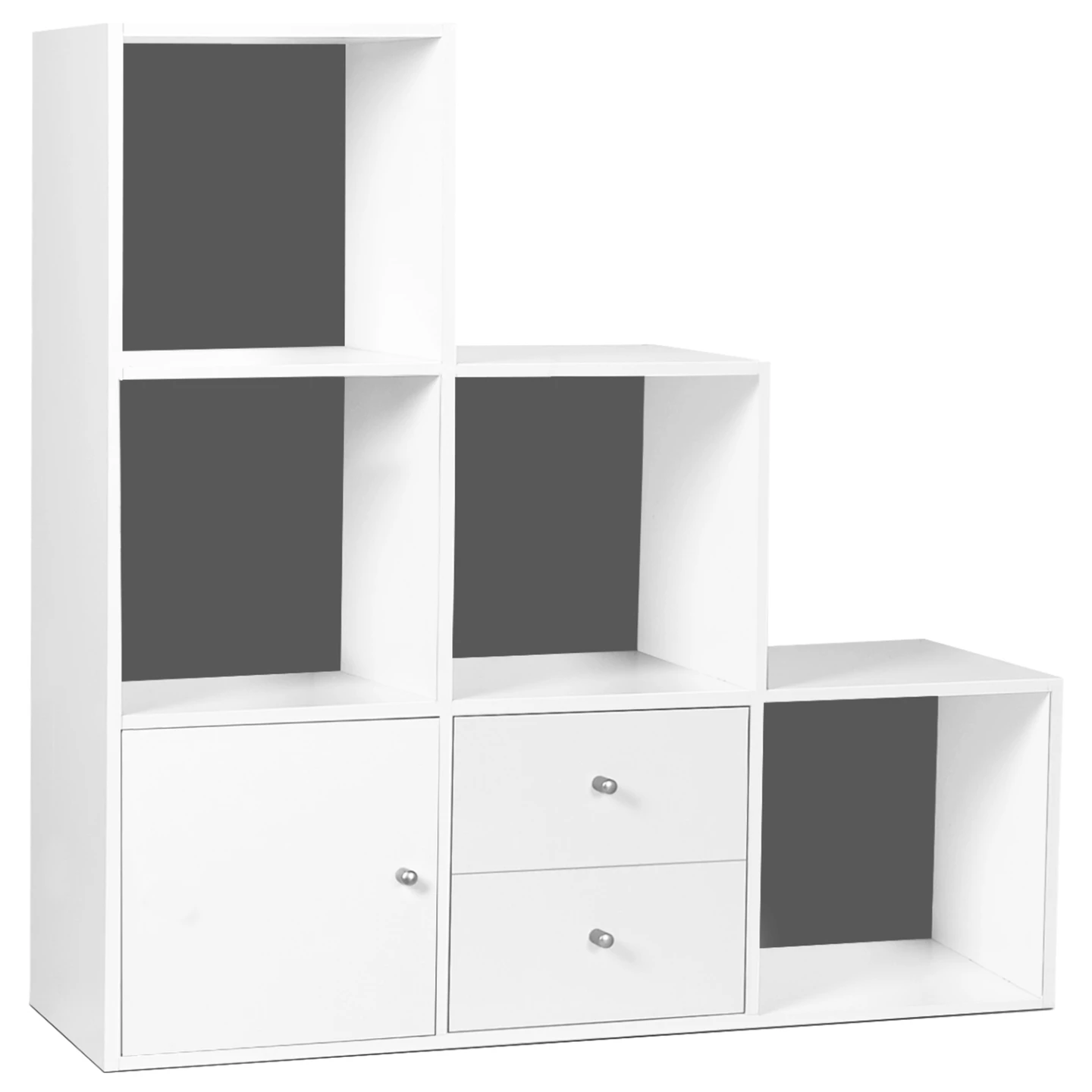 Meuble de rangement en escalier LIAM 3 niveaux bois blanc fond gris avec porte et tiroirs