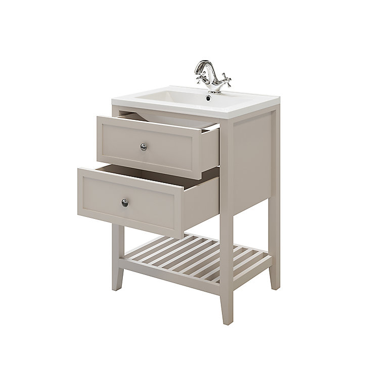 Ensemble l. 60 cm meuble sous vasque Perma taupe à poser + plan double vasque Nira céramique blanc