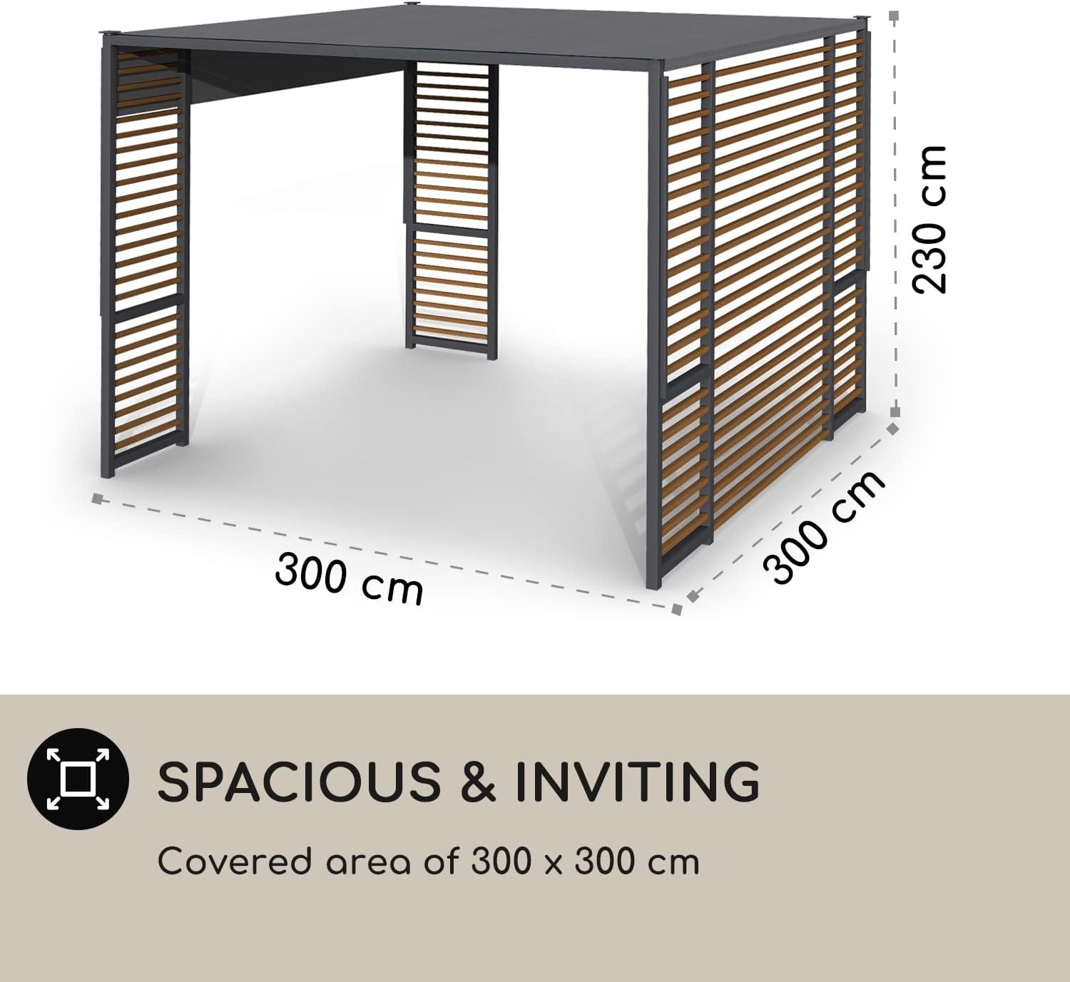 Blumfeldt Valence Pergola, Pavillons Wasserdicht, Stabil & Winterfest, Windichte Pergola Freistehend, Terrassenüberdachung Gazebo, Metall-Pavillon mit 1,5W Solar-LEDs, UV50+, Pergola 3x3 m