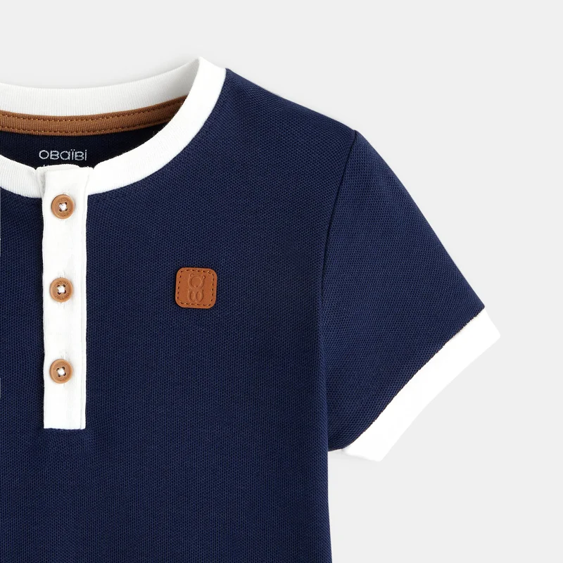 T-shirt col tunisien maille piquée bleu bébé garçon Bleu
