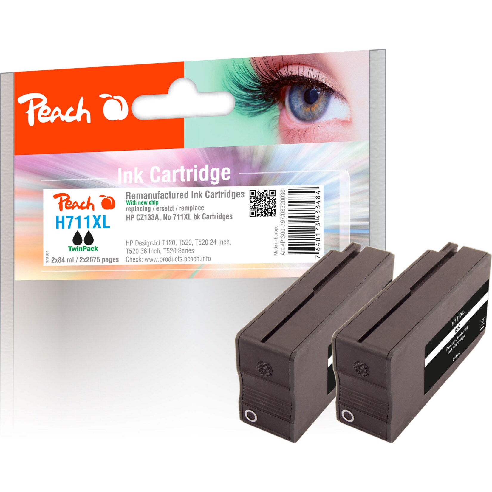 Peach HP 711 XLBK 2 Druckerpatrone XL 2*bk ersetzt HP No. 711XL BK*2, CZ133AE*2 für z.B. HP DesignJet T 120, HP DesignJet T 520, HP DesignJet T 125 (wiederaufbereitet)