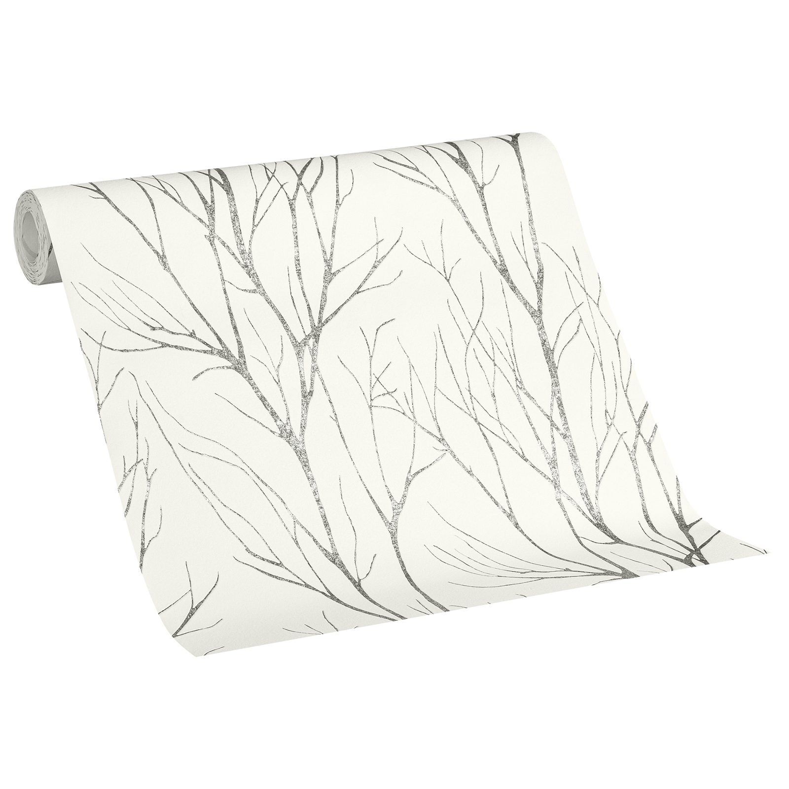 Vliestapete WALD - weiß-grau metallic - Baum - 10 Meter