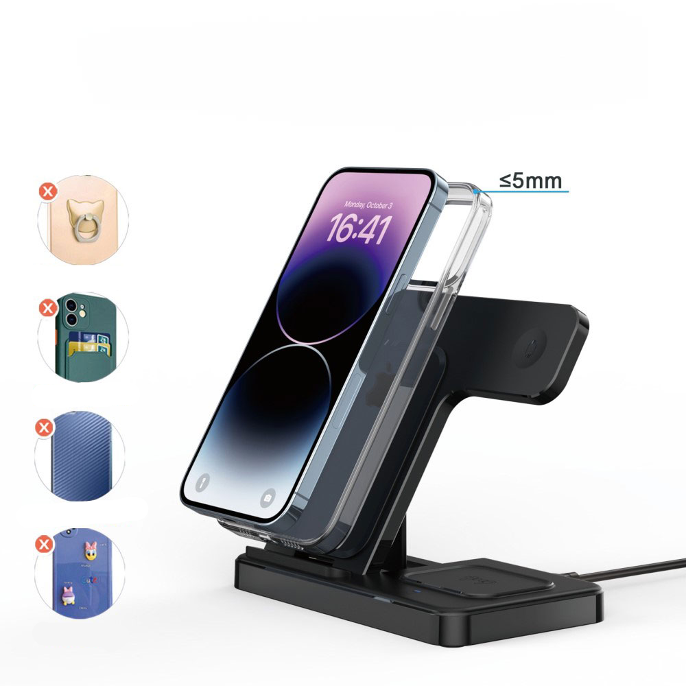 (15W) 3in1 Ladegerät Qi Wireless Charger Faltbarer Ladeständer für Apple Watch / Smartphone / AirPods - Schwarz