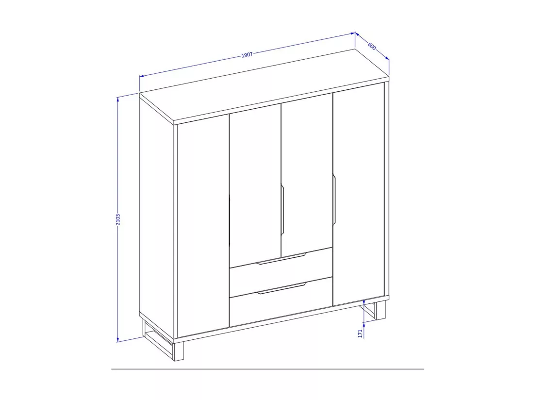 Chambre compléte industrielle MILOS : Armoire 4 portes, lit 140x200, commode, chevets, chêne brut/noir