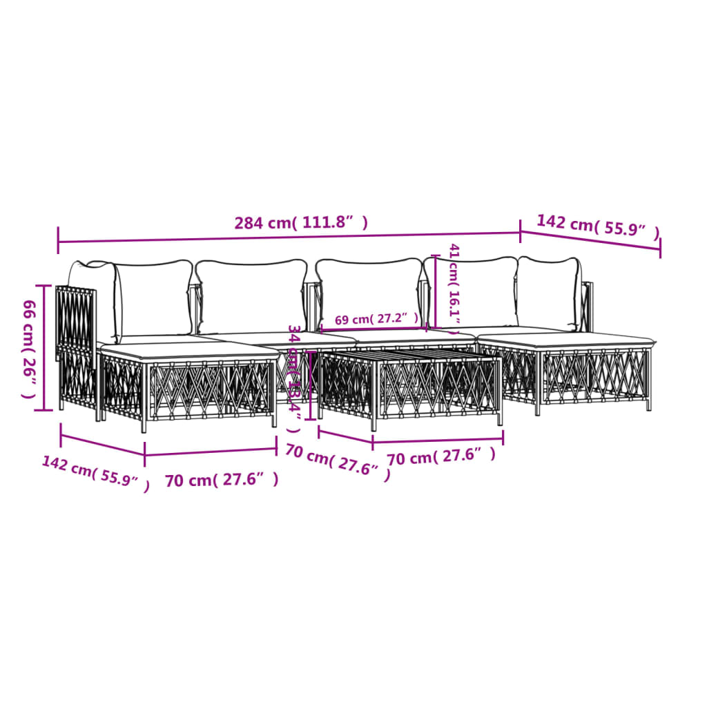 Salon de jardin meuble d'extérieur ensemble de mobilier 7 pièces avec coussins blanc acier