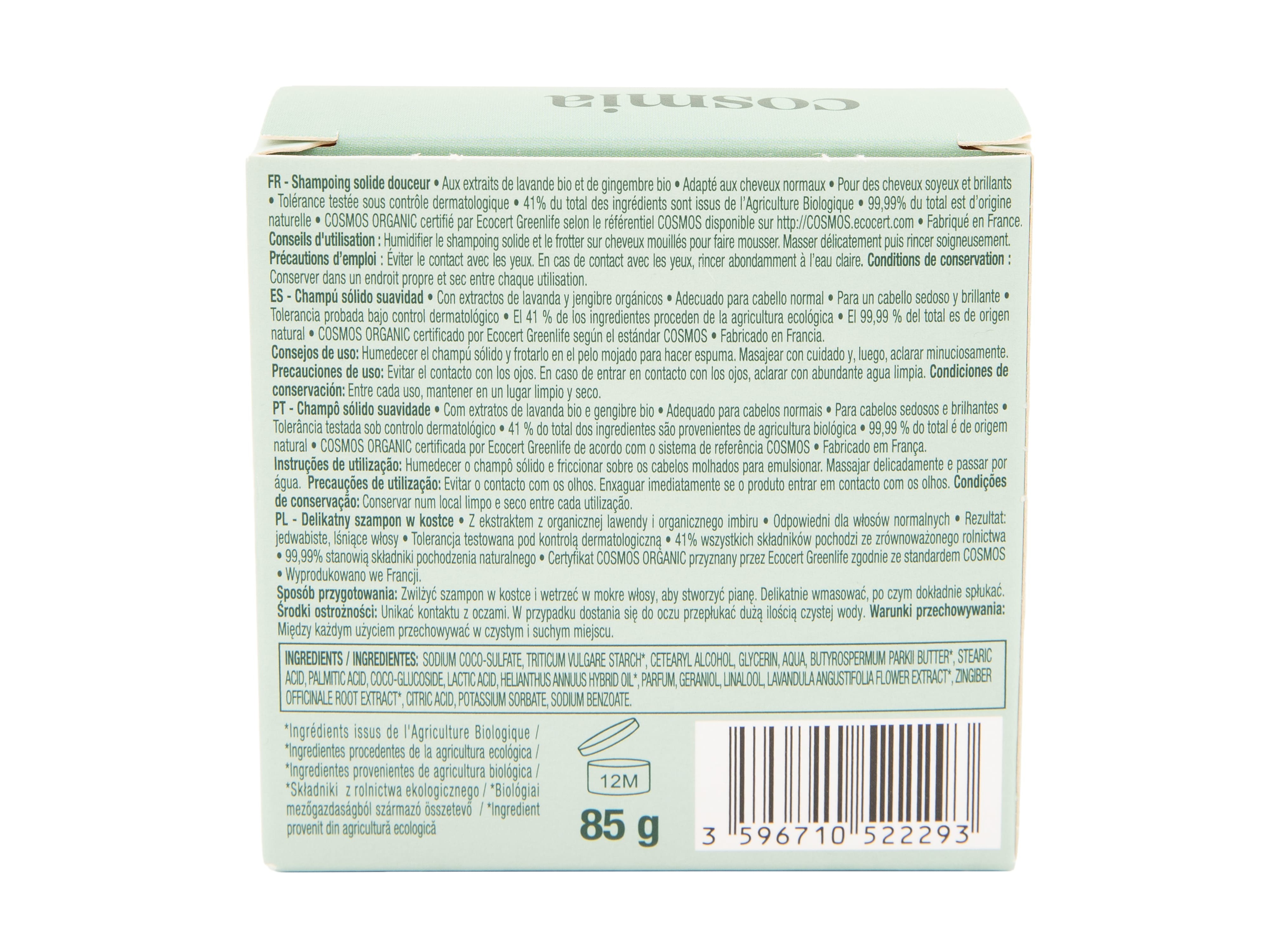 CHAMPÔ SÓLIDO COSMIA BIO SUAVE LAVANDA E GENGIBRE 85G