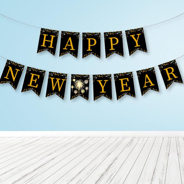 (2m) Happy New Year Girlande Silvester Party Deko Accessoire Banner - Schwarz / Gold